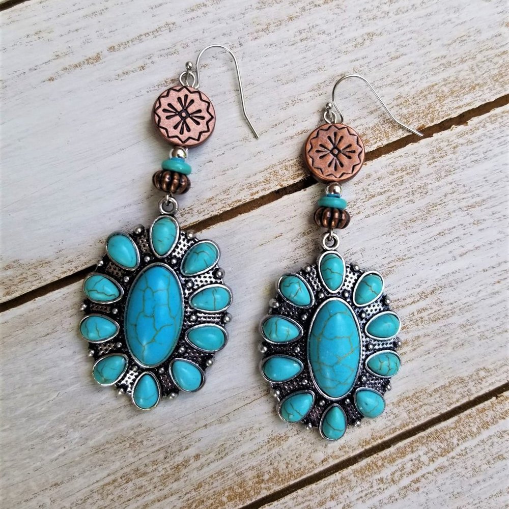 Necklace Earrings Squash Blossom Faux Leather Turquoise Copper Silver Beads - Picture 7 of 9
